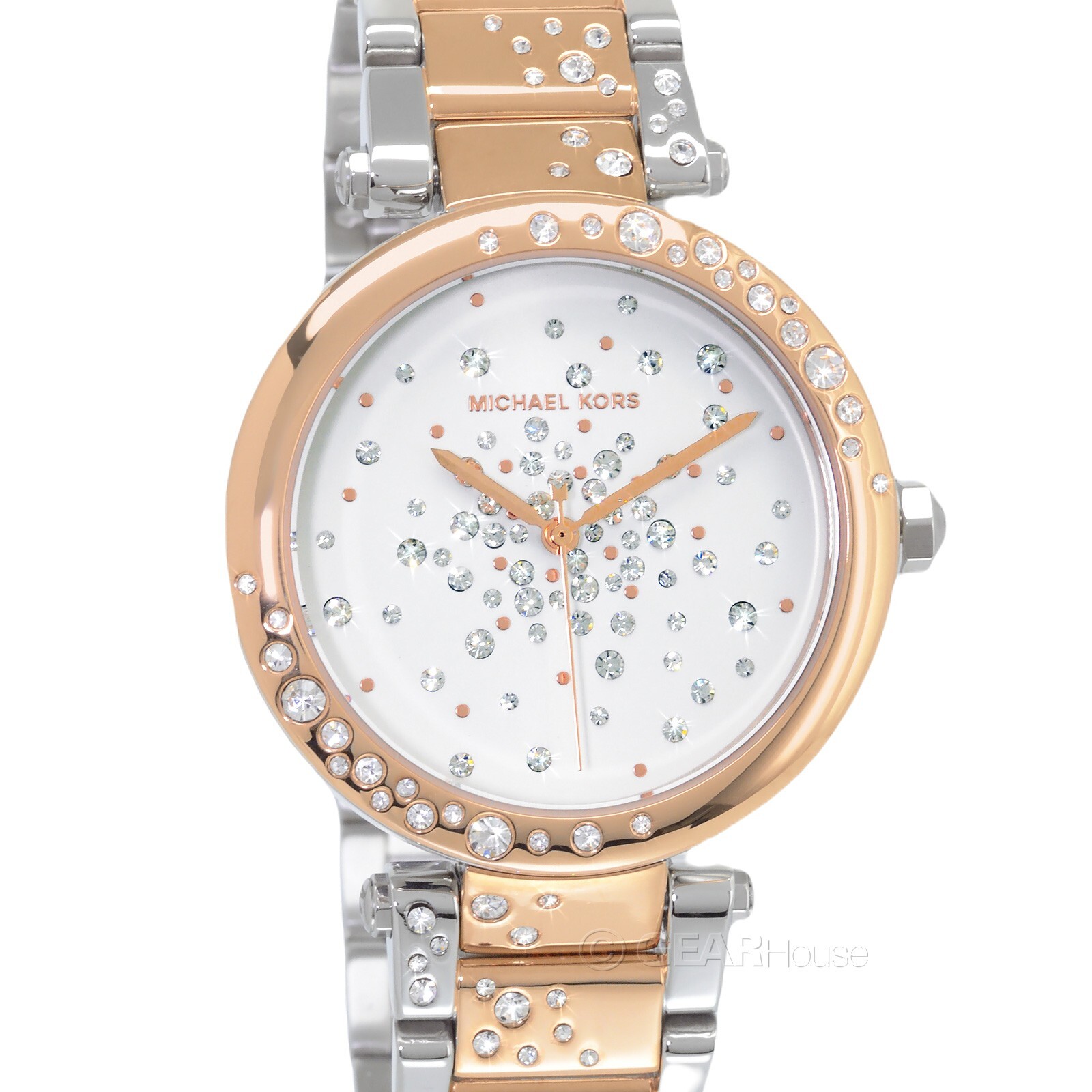 Женские часы Michael Kors Parker с блестящими кристаллами, Белый циферблат, двухцветное розовое золото