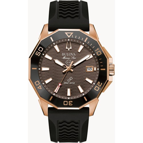 Pre-owned Bulova Men's Watch Marine Star Brown Dial Rose Gold Case Black Strap 98b421