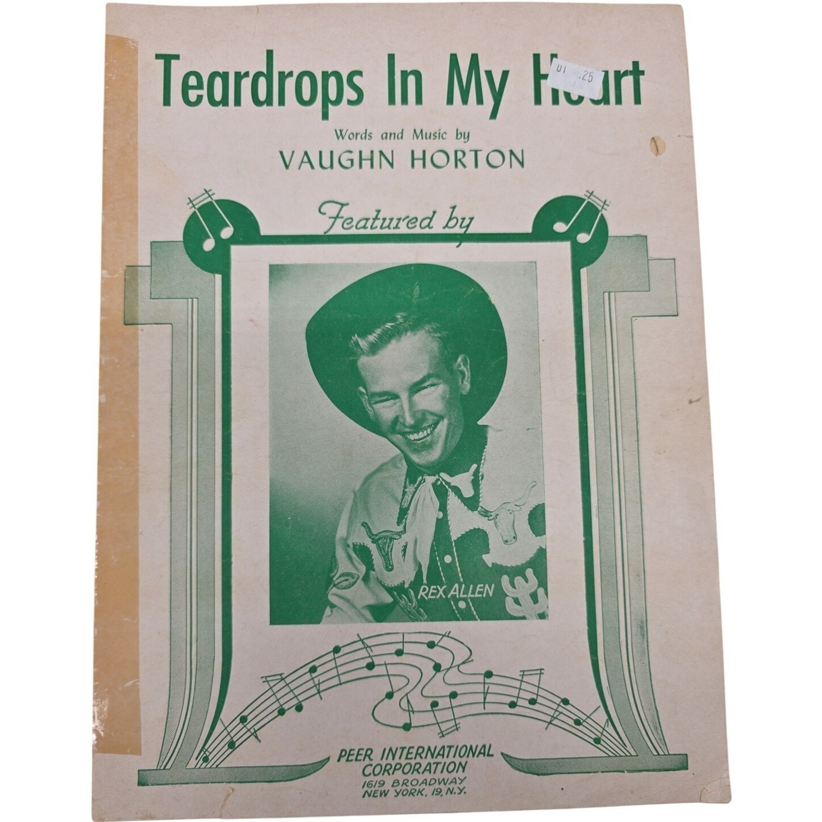 Vintage 1947 Teardrops In My Heart Sheet Music Featured By Rex Allen