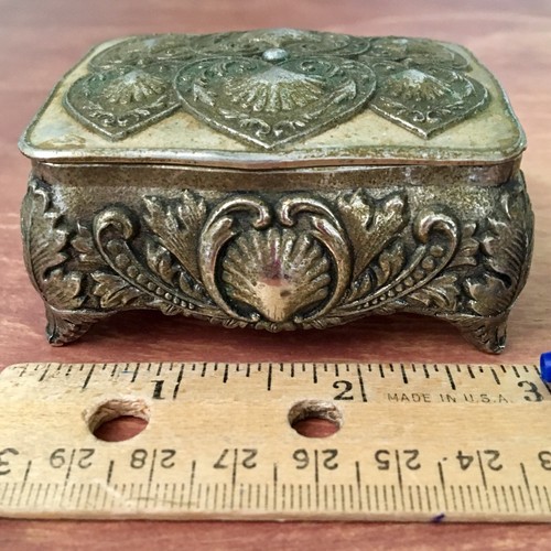 Antique JAPAN Metal Miniature Jewelry Trinket Box Silvertone Hearts Seashells