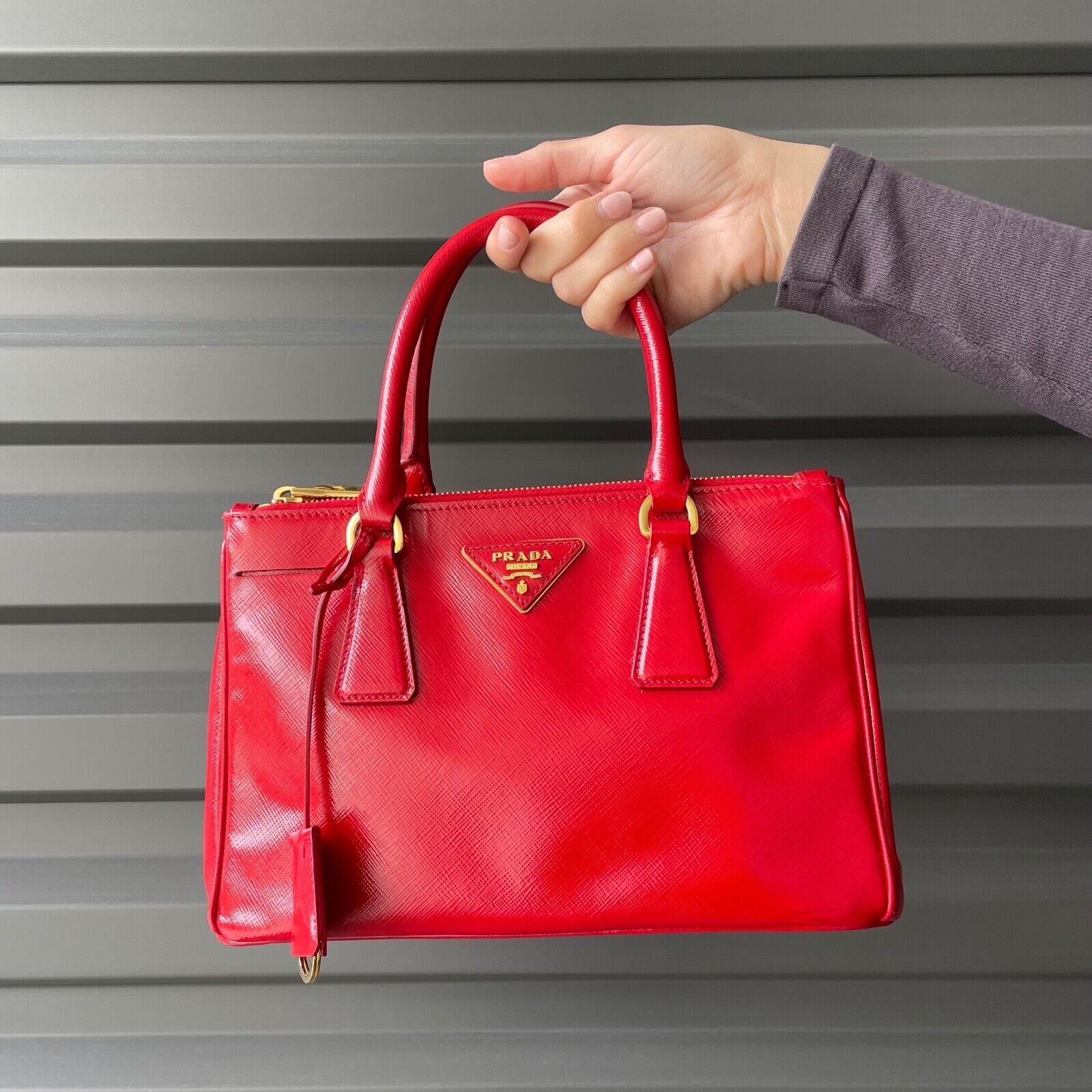 PRADA Red Patent Vernice Saffiano Lux Leather Gold Hardware PRADA Red Patent Vernice Saffiano Lux Leather Gold Hardware