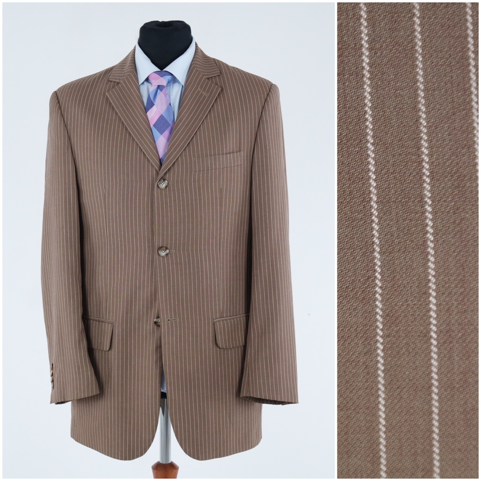 Mens Size UK 40R Vintage Striped Brown Sport Coat Blazer Jacket
