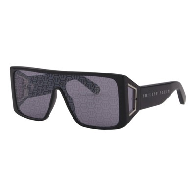Philipp Plein Men Shield Sunglasses SPP014W-700L Black Silver Gray Monogram Lens