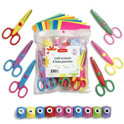 Pattern Edge Craft Scissors 6pcs with 10pcs Hole Punches & 10pcs Colorful Papers