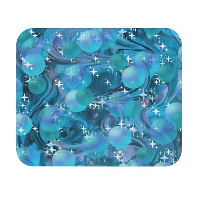 Computer Mouse Pad - Teal Green Waves Bubbles & Stars on Watercolors - Rectangle