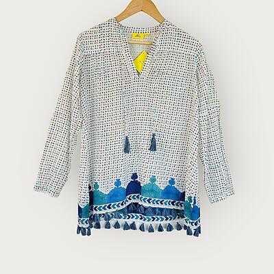 Roller Rabbit Josefina Tarou Dots Tassel Top | Size XS Aqua Blue Orange