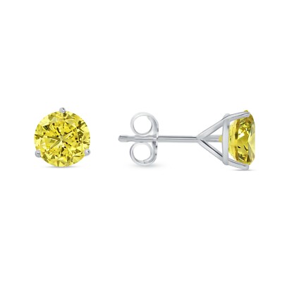 Pre-owned Shine Brite With A Diamond 2.25 Ct Round Cut Canary Earrings Studs Solid 14k White Gold Push Back Martini