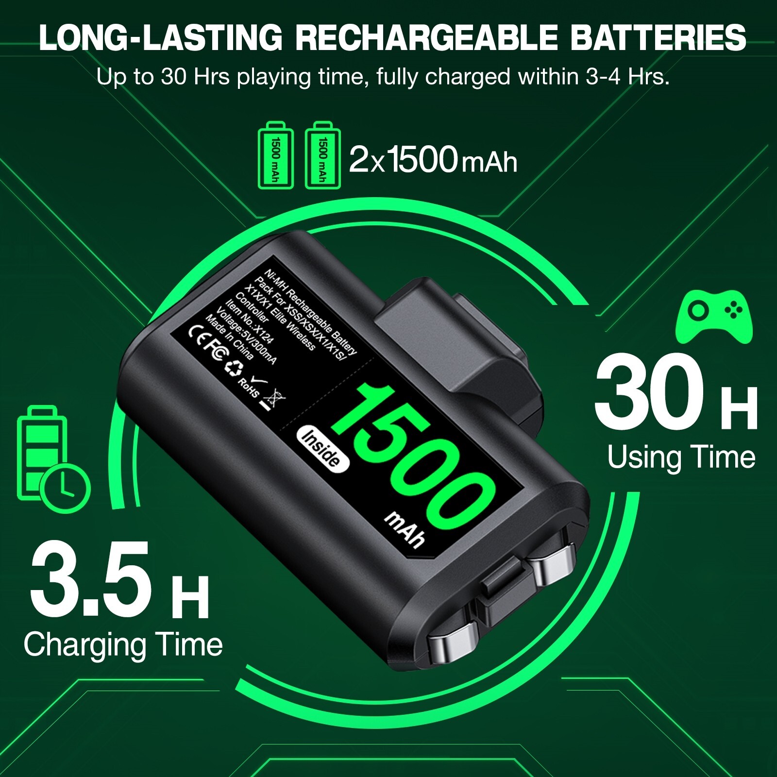 2X1500 Rechargeable Battery Pack for Xbox One/Xbox Series X|S Controller Battery