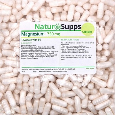 Magnesium Glycinate 750mg Vit B6 Veg Capsules No Fillers - UK Made by NaturSupps