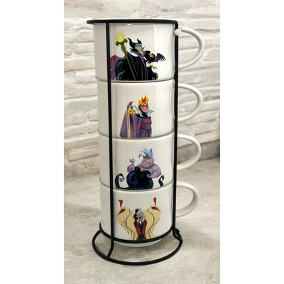 Rae Dunn Disney Villains Halloween Stackable Coffee Mug Cup Set w/ Storage Rack