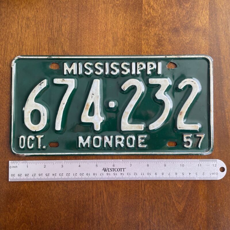 Vintage 1957 Mississippi License Plate Tag 674-232 Monroe County