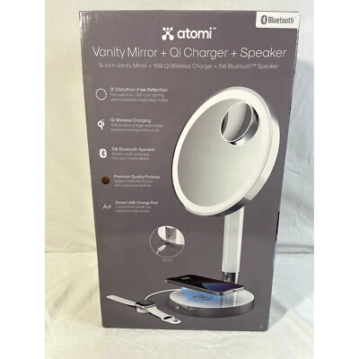 Atomi 9'' LED Vanity Mirror with 15W Qi Wireless Charging & Bluetooth Speaker