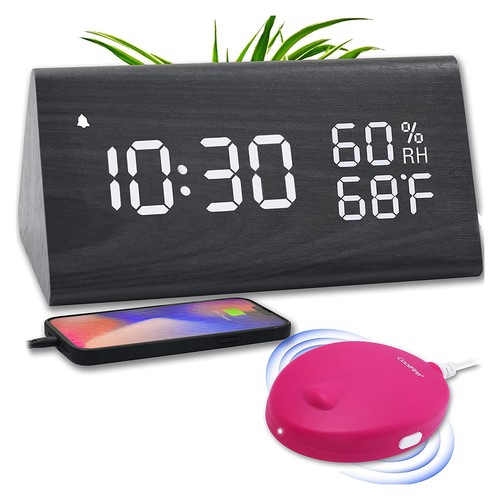 CoolFire Wooden Digital Alarm Clock w/ Vibrator Bed Shaker for Heavy Sleeper
