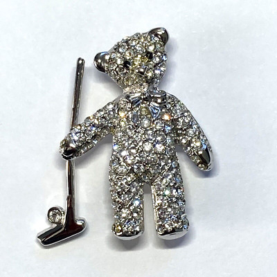 Silver Tone Rhinestone Teddy Bear with Golf Club Putter Brooch Pin