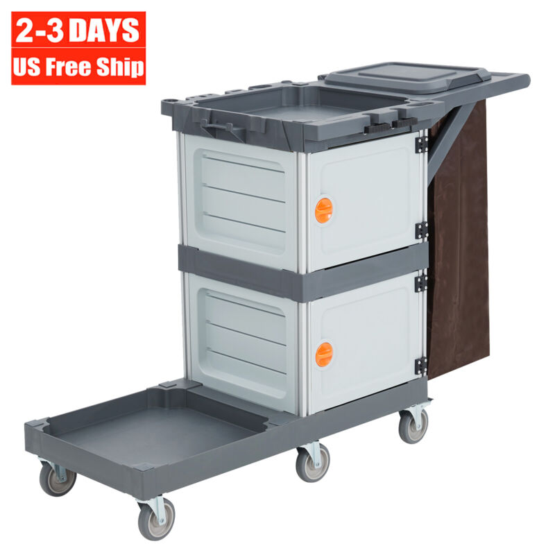 Janitorial Trolley Cleaning Cart w/Cabinet Vinyl Bag for Housekeeping Commercial