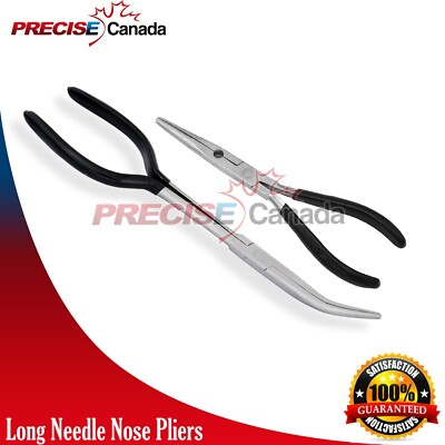 2 Pcs Long Needle Nose Pliers Curved 11'' & 8'' Fish hook Remover & Cutter Black