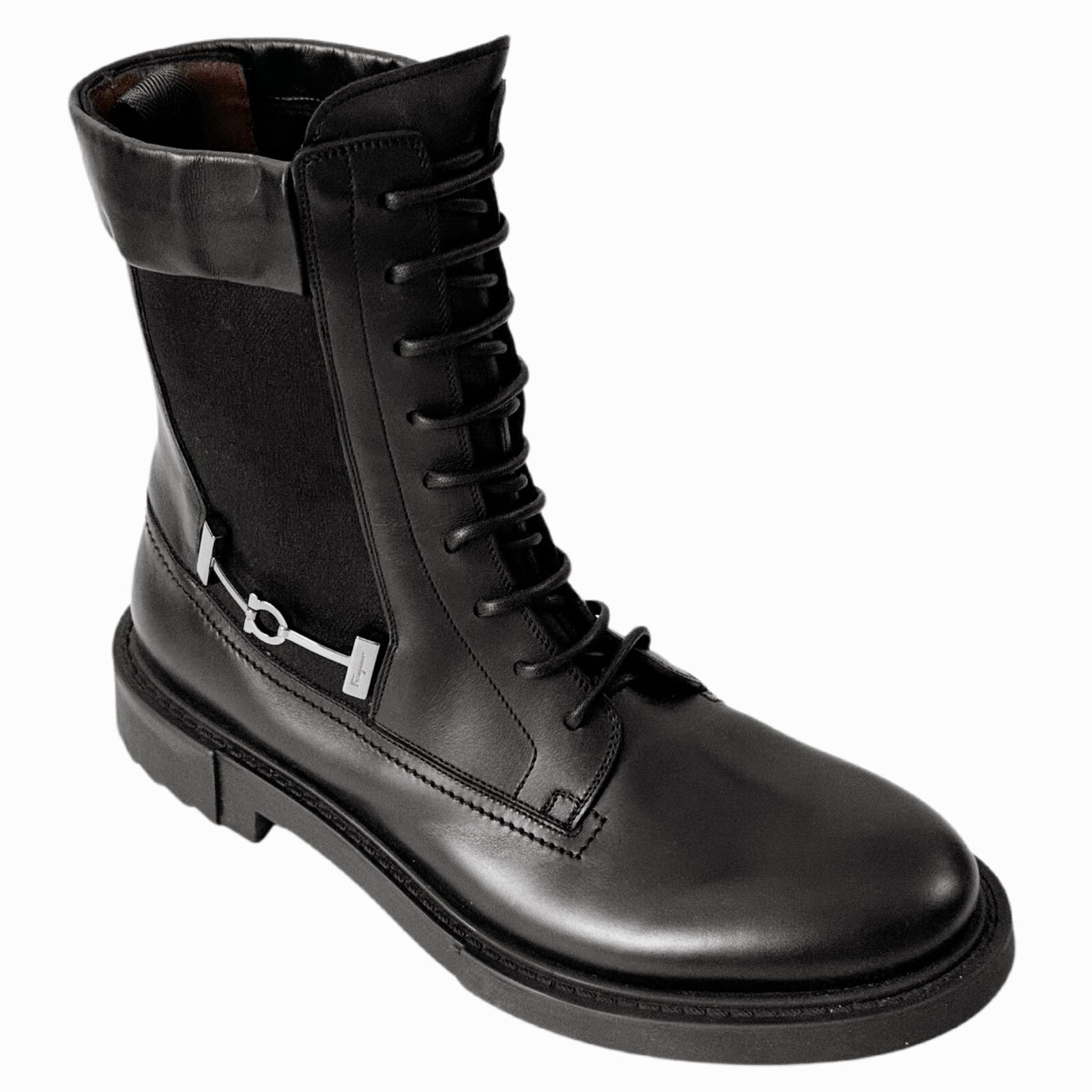 Pre-owned Ferragamo Men's Iglesias 13 Ee Black Leather Combat Gancini Boots Dress Casual
