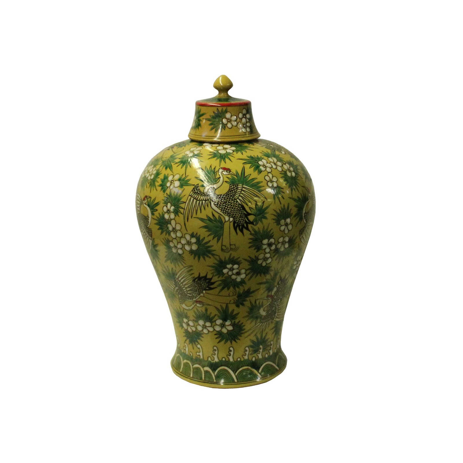 Chinese Yellow White Crane Green Leaves Porcelain Jar ws1043S Chinese Yellow White Crane Green Leaves Porcelain Jar ws1043S