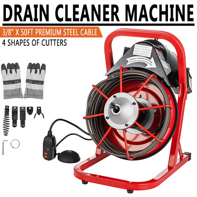 Electric Drain Cleaning Machine 50FT 3/8'' Drain Snake Cleaner W/5 Cutters+Gloves
