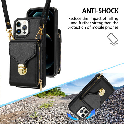 For iPhone 16 Pro Max 14 15 With Crossbody Strap Zipper Wallet Case Slim Cover