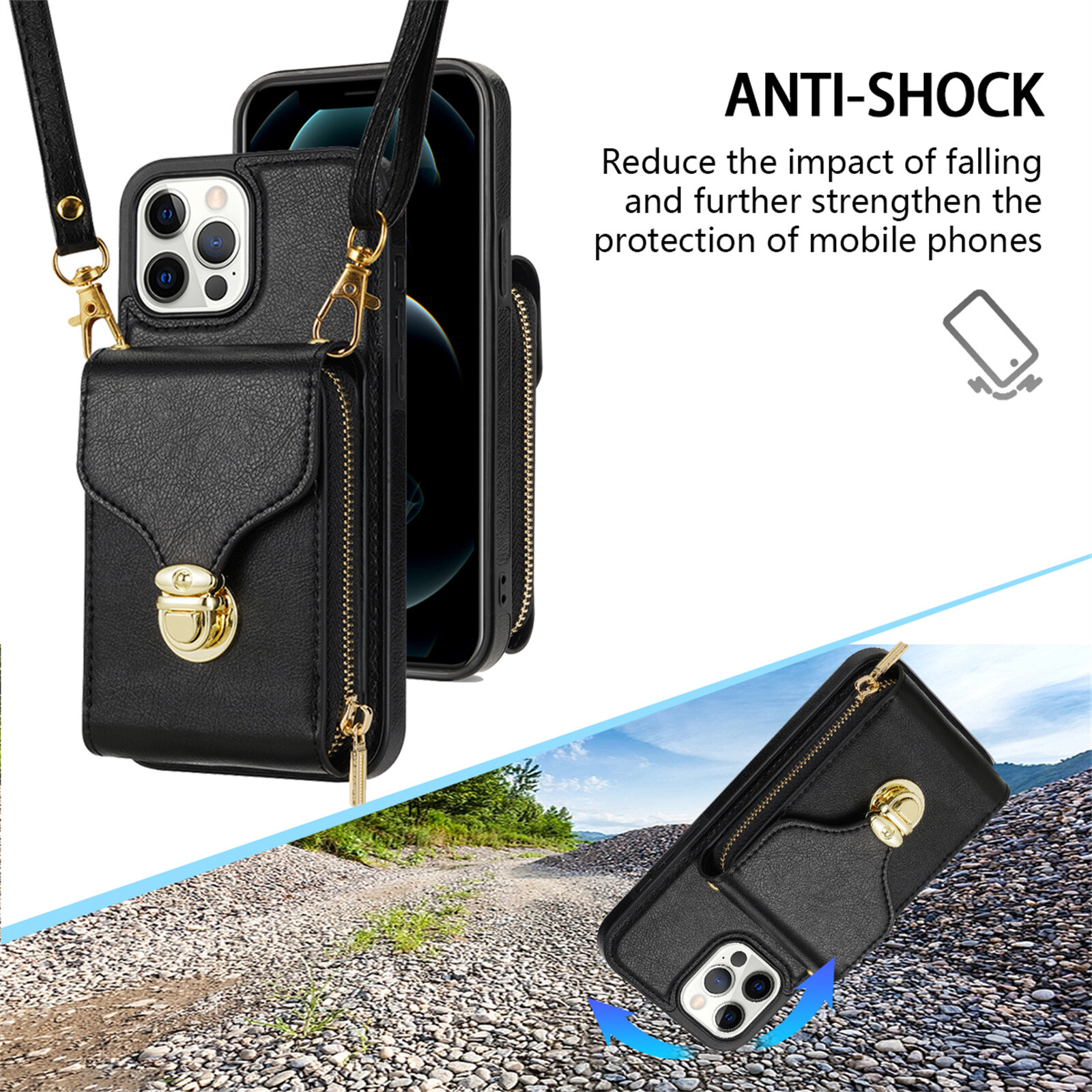 For iPhone 17 Pro Max 16 15 With Crossbody Strap Zipper Wallet