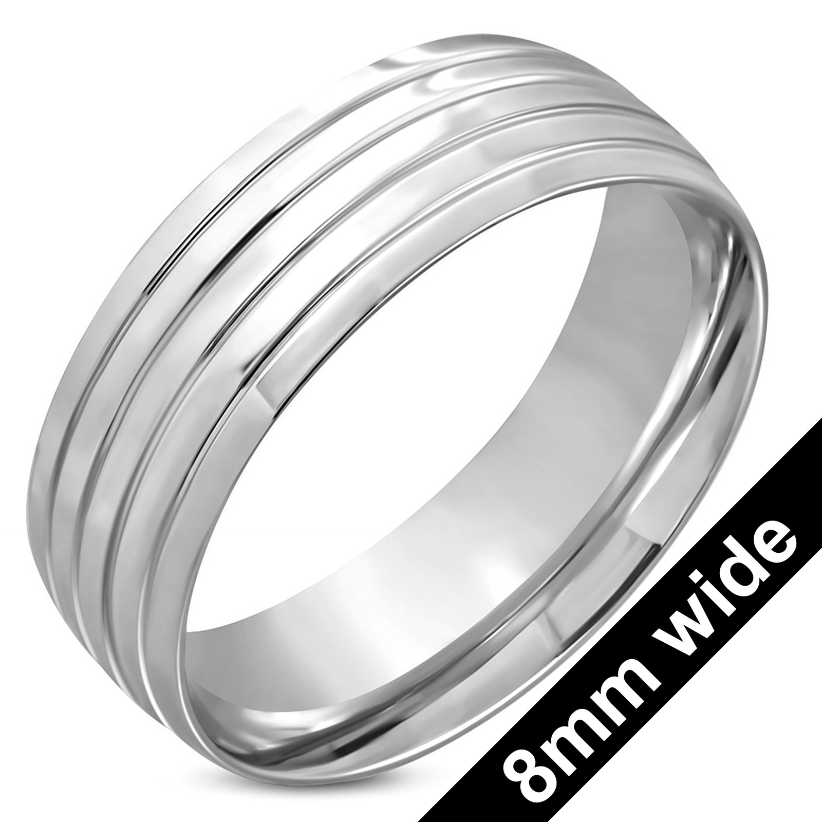 8mm Striped Grooved Stainless Steel Ring | Unisex | Wedding Band | Thumb Ring