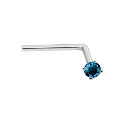 Solid 14kt Gold 22G L-Shape  Blue Diamond Gemstone L-Bend Nose Ring Stud
