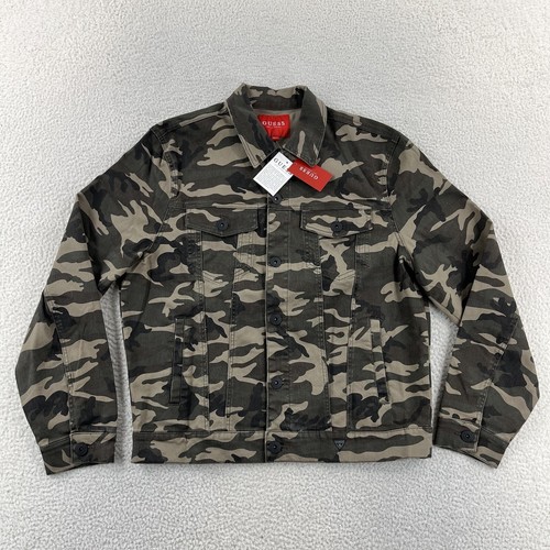 Guess Dom Camo Jacket Mens Large Green Camouflage Button Up Coat New