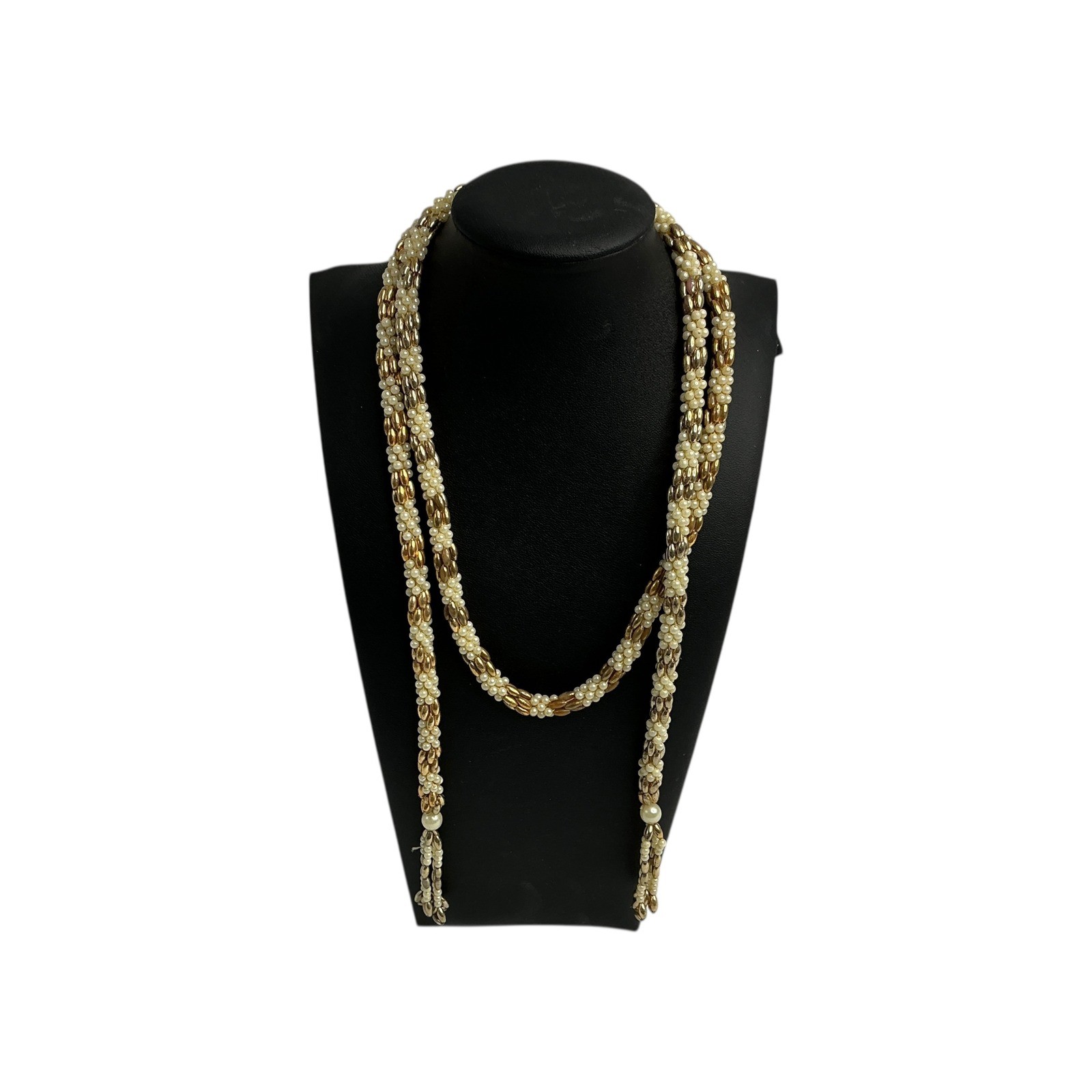 Long Beaded Necklace Gold Tone Cream Faux Pearls Wrap Scarf Style 46