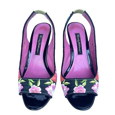 BEVERLY FELDMAN Heel Pump 7 M Floral Embroidered Open Toe Sling Back Patch Shoe