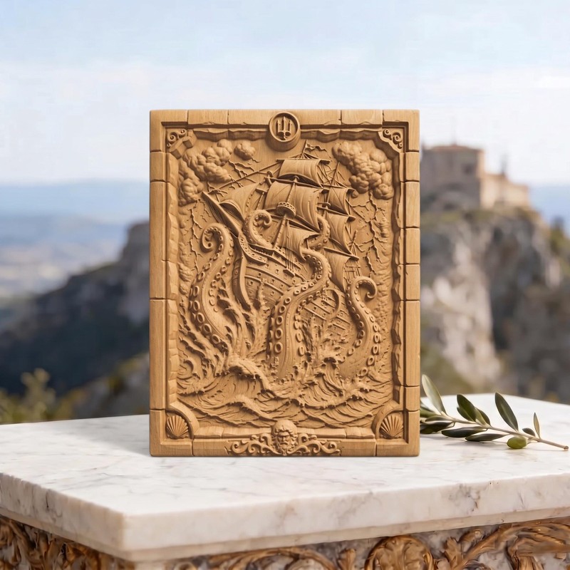 Kraken Drawing a Ship from Ancient Greek Mythology Wooden Carving Bas Relief