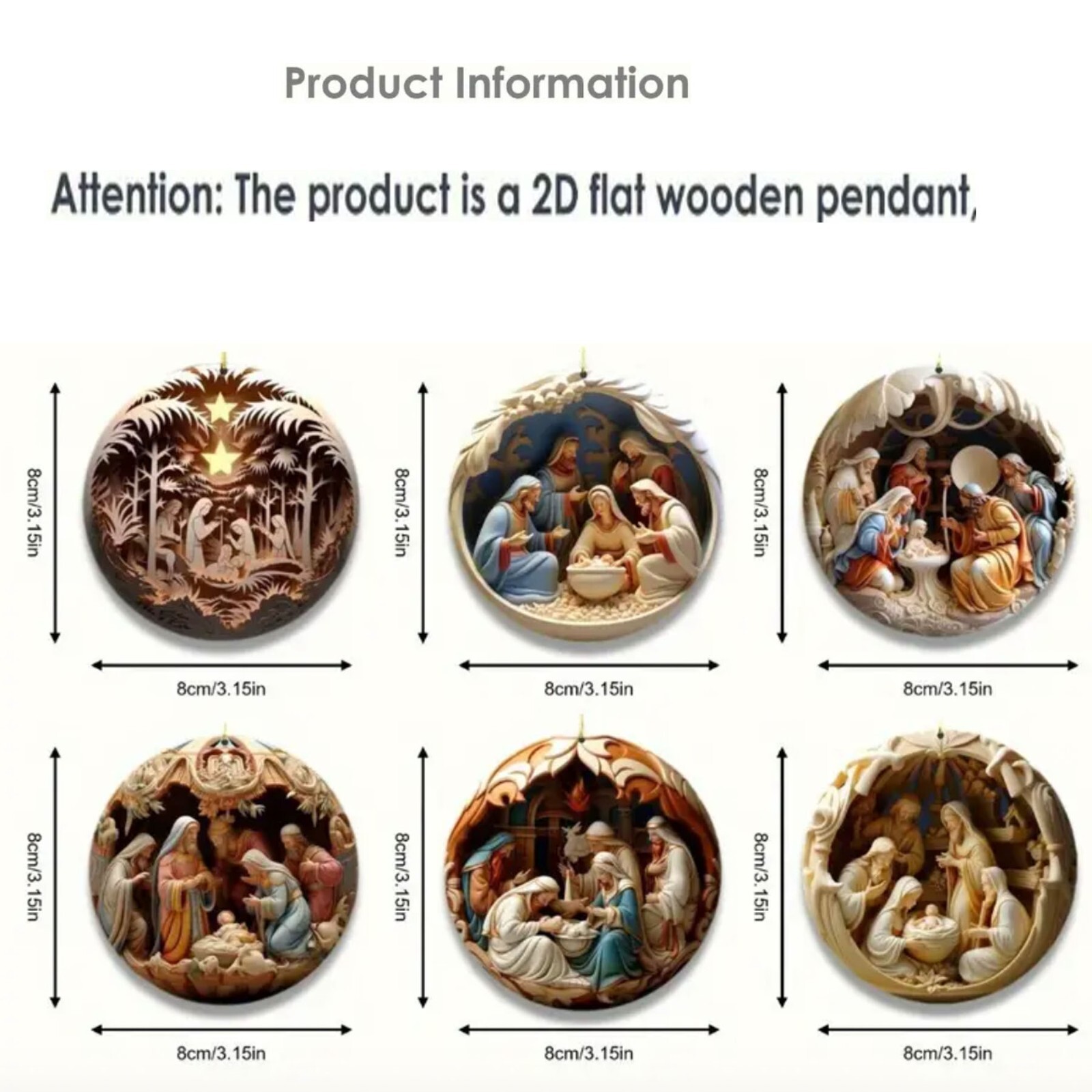 6× Vintage Birth of Jesus Nativity Scene Christmas Ornaments 2D Wooden Decor USA