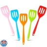 Romooa 5 Pack Small Silicone Spatula Mini Rubber Turner High Heat Resistant Slotted Egg Fish Spatula Flipper Small Pancake Turner Mini Serving Cooking Kitchen Utensils (Red Blue Green Orange Pink)