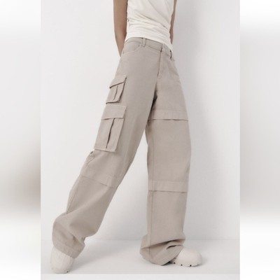 Zara Cargo Pants Trousers Wide Beige Size S Bloggers Favorite