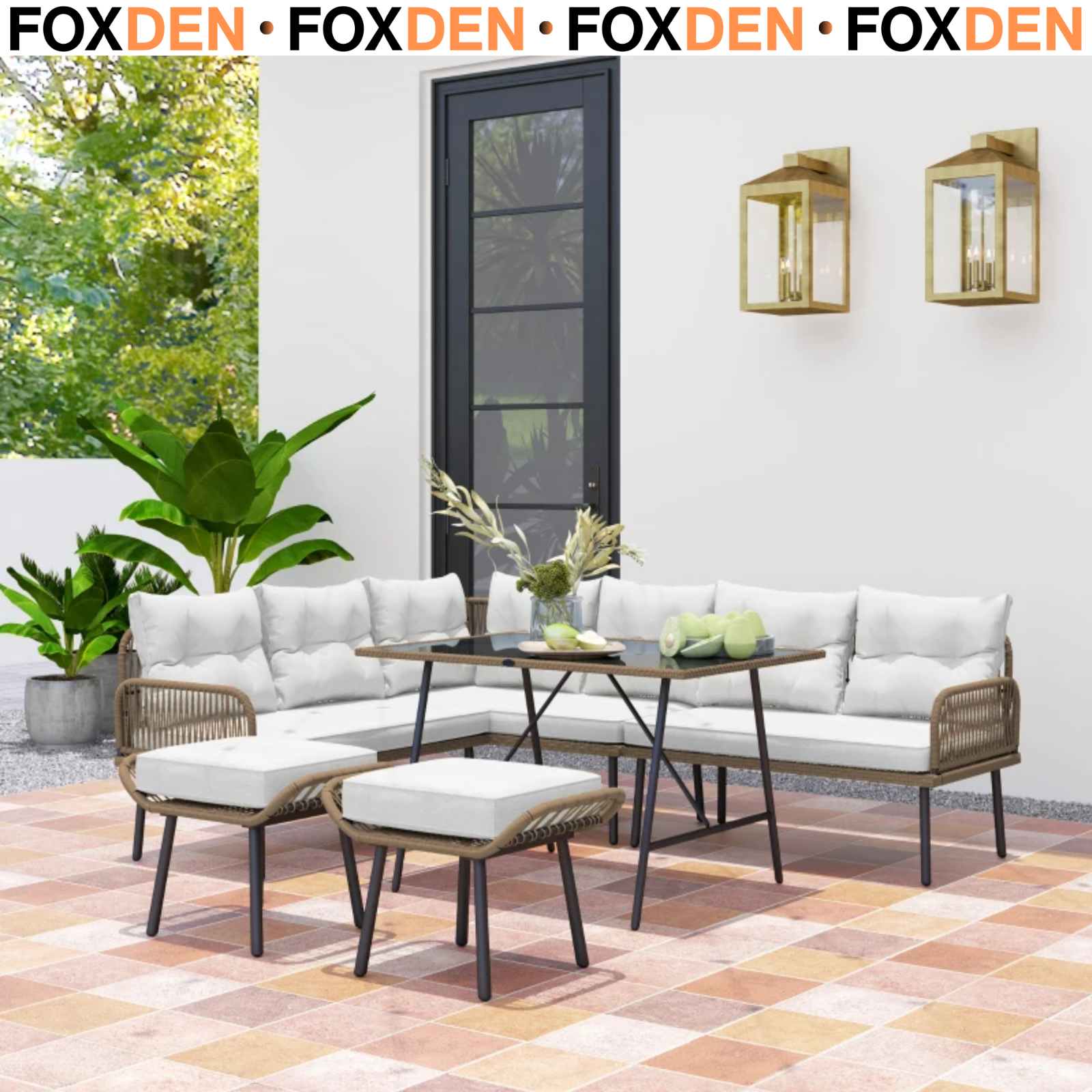 6 Piece Rattan Garden Furniture Set 8 Seater Garden Corner Sofa with Cushions