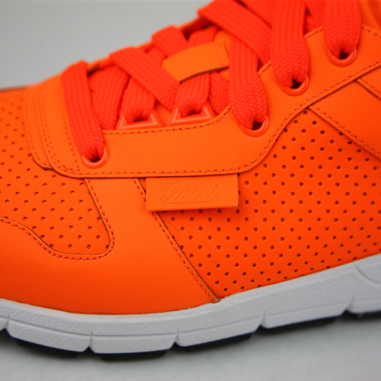 Pre-owned Gucci Mens Neon Orange Leather Lace-up Running Sneakers 369088 7623