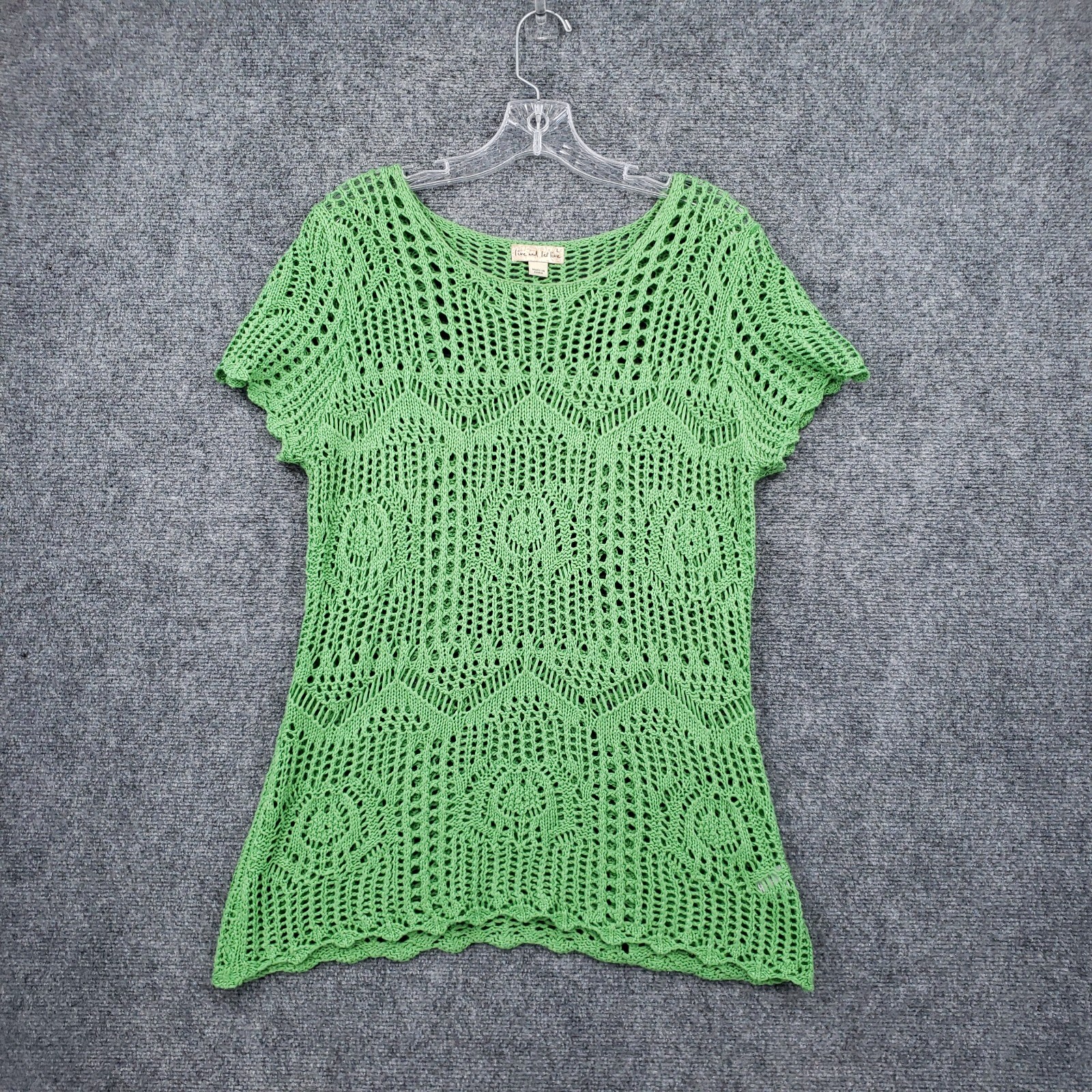 Live And Let Live Sweater Womens L Large Green Open Knit Short Sleeve Y2K