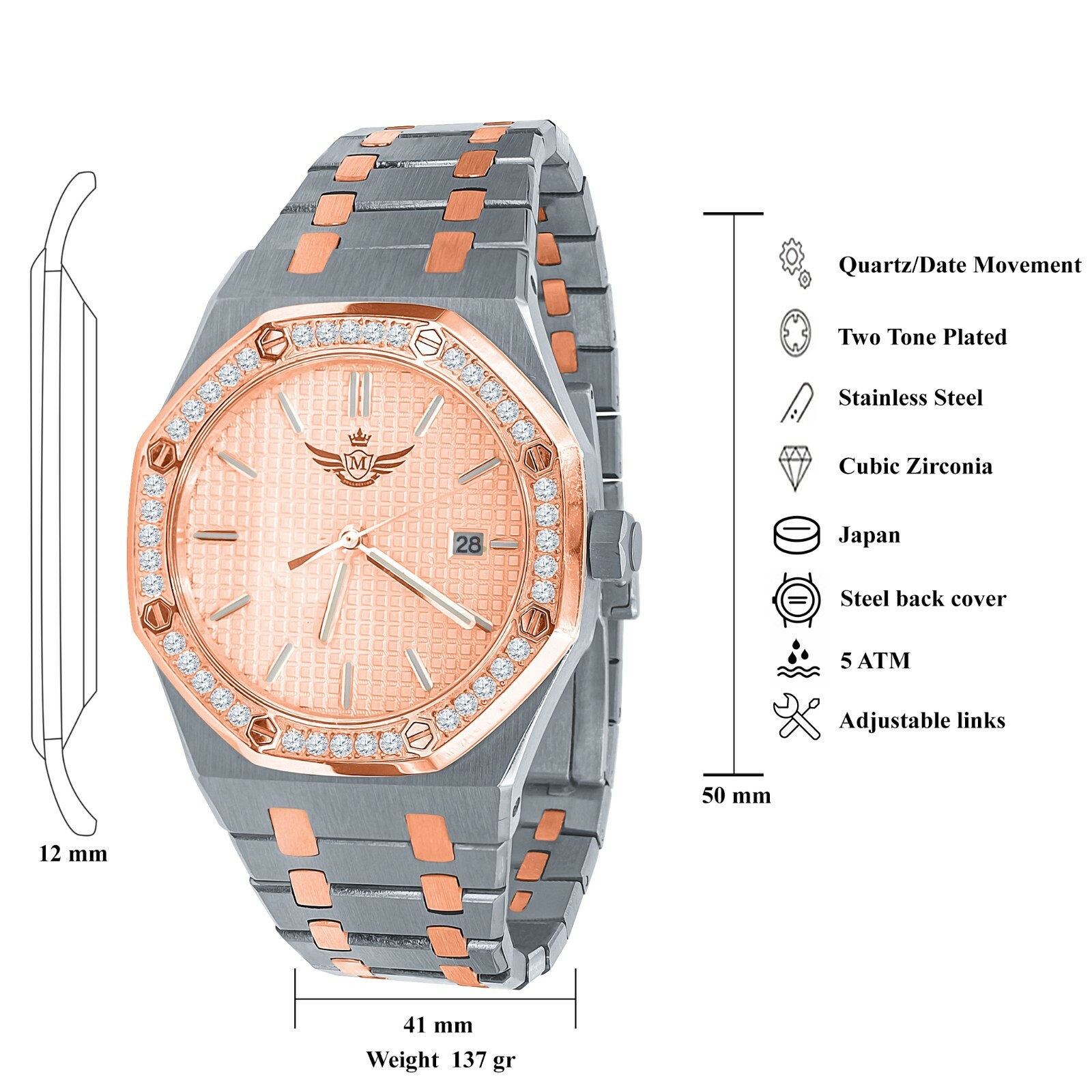 Pre-owned Bling Master Men's Full Steel 2 Tone Rose Gold Finish W/date Simulated Diamond 42mm Watch