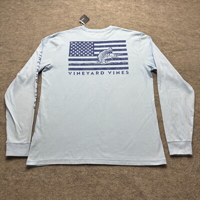 Vineyard Vines Shirt Men M Blue Long Sleeve T-Shirt Crew Neck Fish Flag Graphic