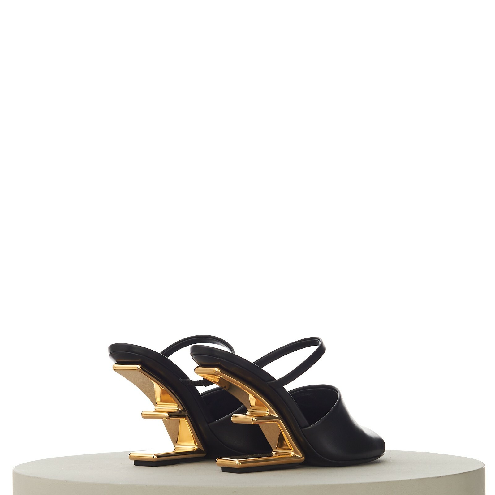 Pre-owned Fendi First 1390$ Black Leather High Heel Sandal, F-shaped Gold Metal Heel