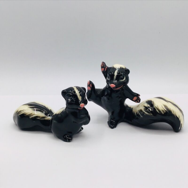 VTG MCM Skunk Figurines Lot of 2 Anamorphic Ceramic Studio Estate Garden Black