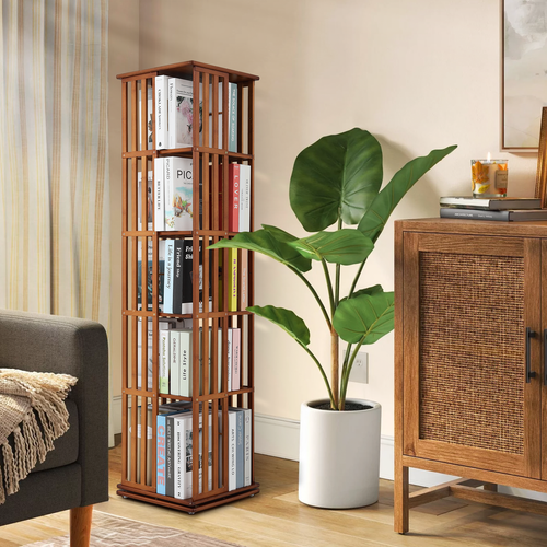 5 Tiers Brown Bamboo Rotating Bookshelf Open Shelving Storage Rack Freestanding