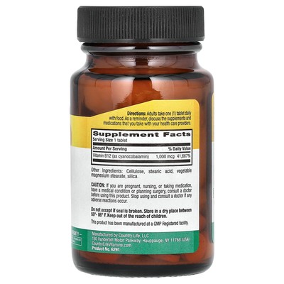 Country Life Vitamin B12 1000 mcg 60 Tablets Gluten-Free, GMP Quality Assured,