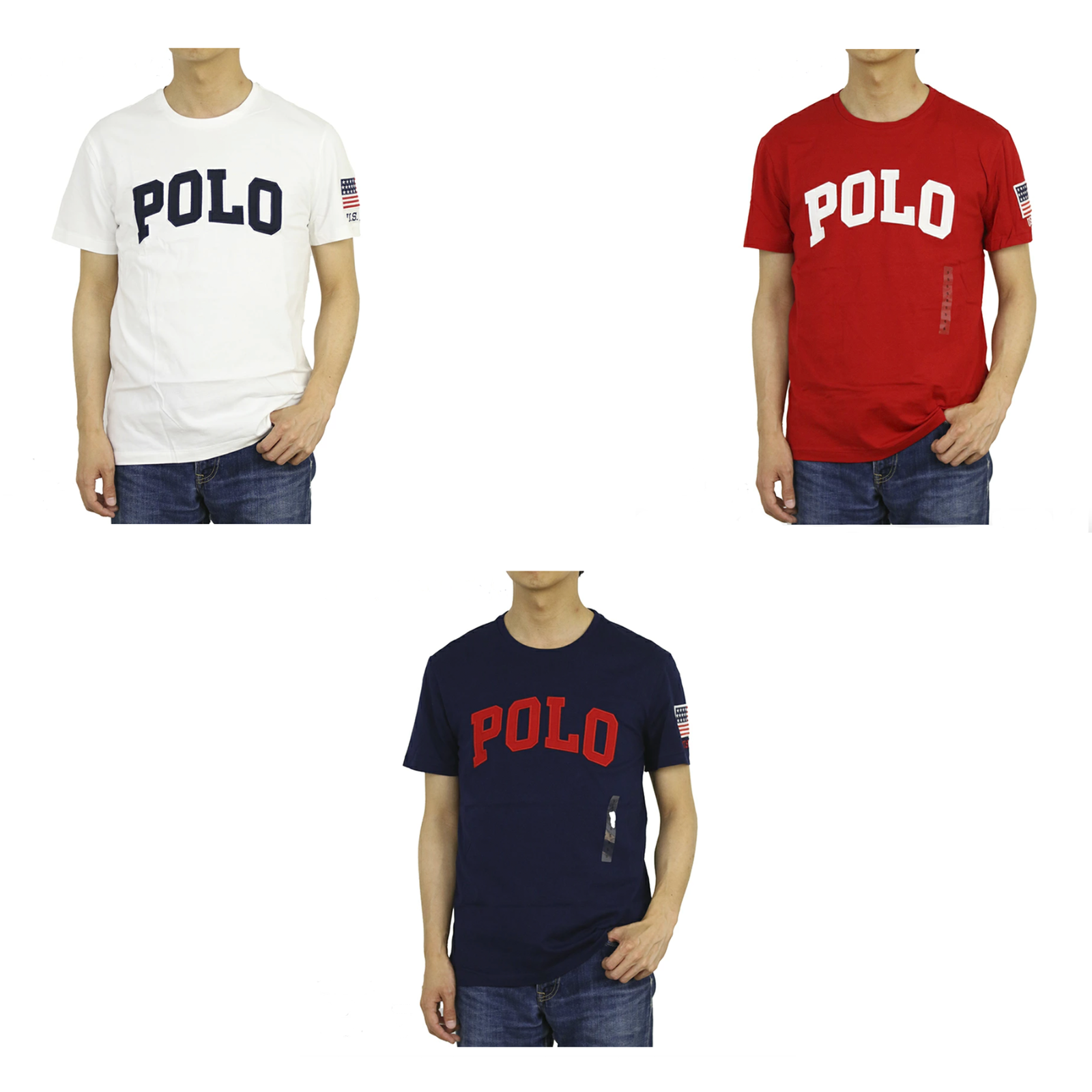 

Футболка с круглым вырезом с короткими рукавами Polo Ralph Lauren, надписью «Polo» и нашивкой с флагом США, White;navy;red