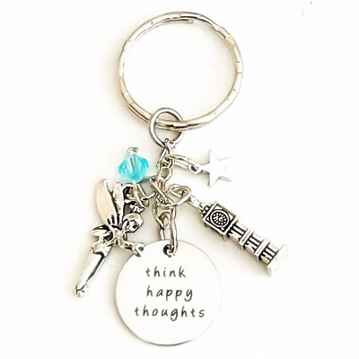 Peter Pan Tinker Bell Inspired Silver Keychain Think Happy Thoughts Fairy Gift