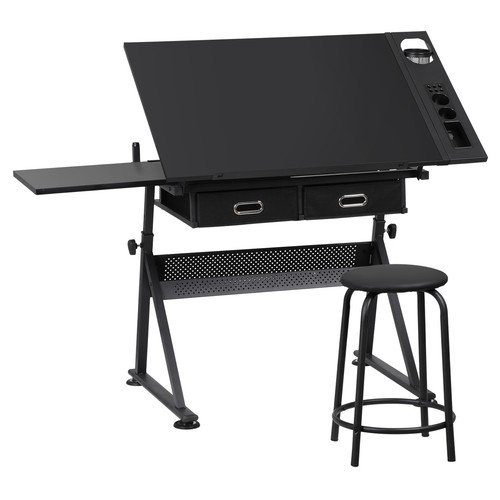 Adjustable Drafting Table Tilting Tabletop Art Craft Desk with 2 Drawers, Stool