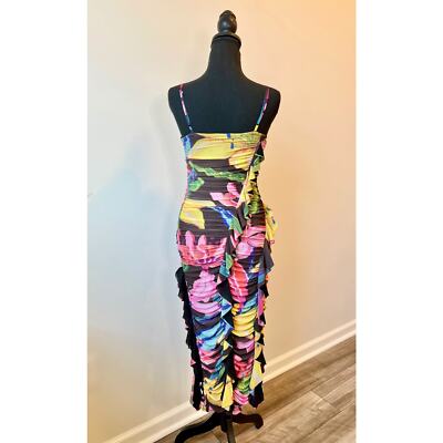 Pre-owned Rococo Sand Chris Midi Dress In Black Small Floral Ruffle Ruched Stretch Lined