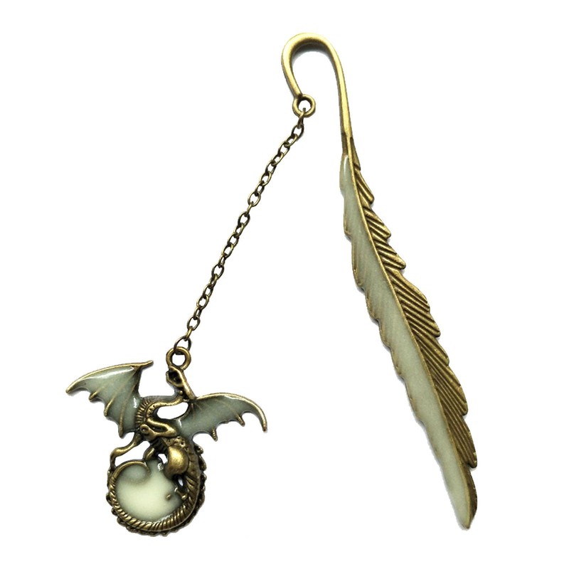 Feather Bookmark Luminous with Flying Dragon Pendant Metal Book Page Markers