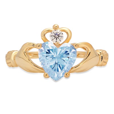 Pre-owned Pucci 1.55 Heart Irish Celtic Claddagh Blue Stone Modern Ring Solid 14k Yellow Gold