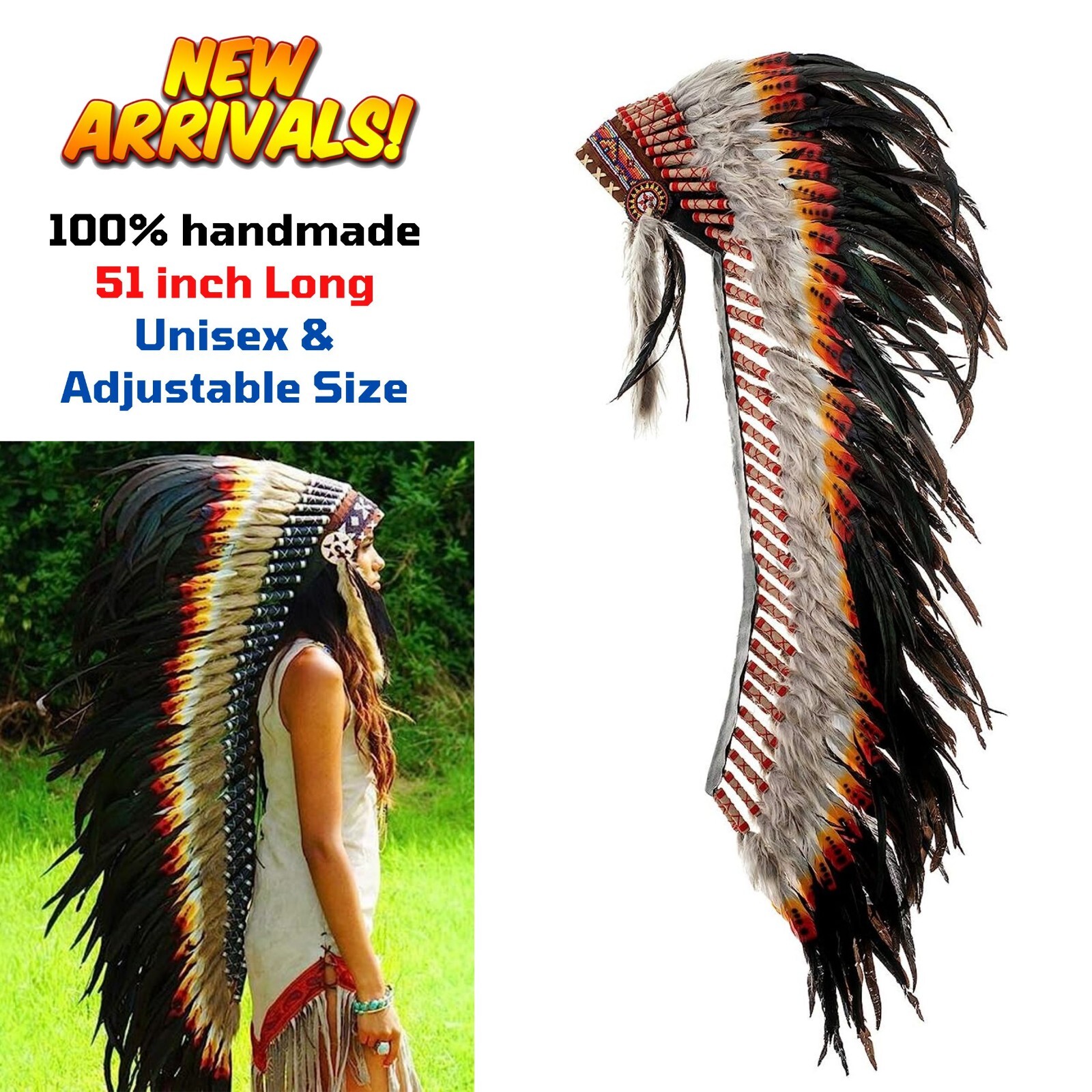 Pre-owned Handmade Native American Indian Inspired Feather Headdress Tribal Halloween Costume Props In Multi-color
